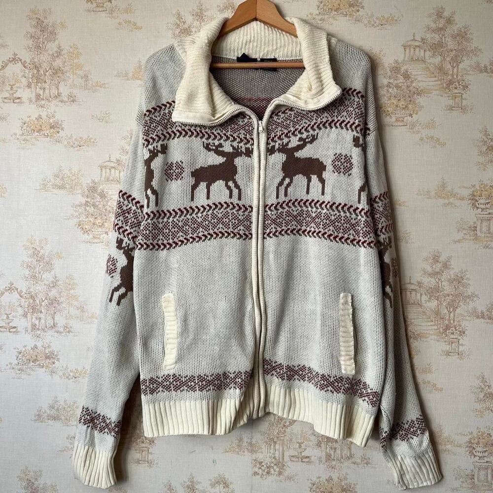 Vintage John Blair Elk Intarsia Knit Zip Cardigan | Grandpacore | XL
